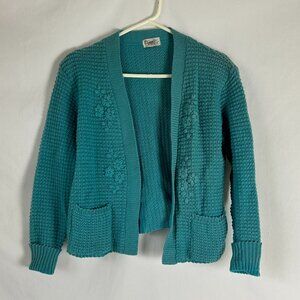 RosaLee Vintage Wool Cardigan Crewel Embroidered Turquoise L (Holes)